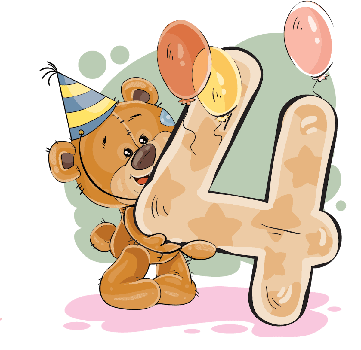 Børnevenlig fødselsdagskage med tallet 4 dekoreret med orange-pudders legetøjskage og balloner.